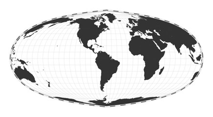 Vector world map. Foucaut's sinusoidal projection. Plain world geographical map with latitude and longitude lines. Centered to 60deg E longitude. Vector illustration.