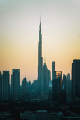 Panorama and aerial view of Dubai in summer day in evening at sunset, United Arab Emirates
