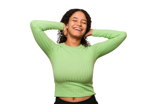 Young african american curly woman isolated stretching arms, relaxed position.