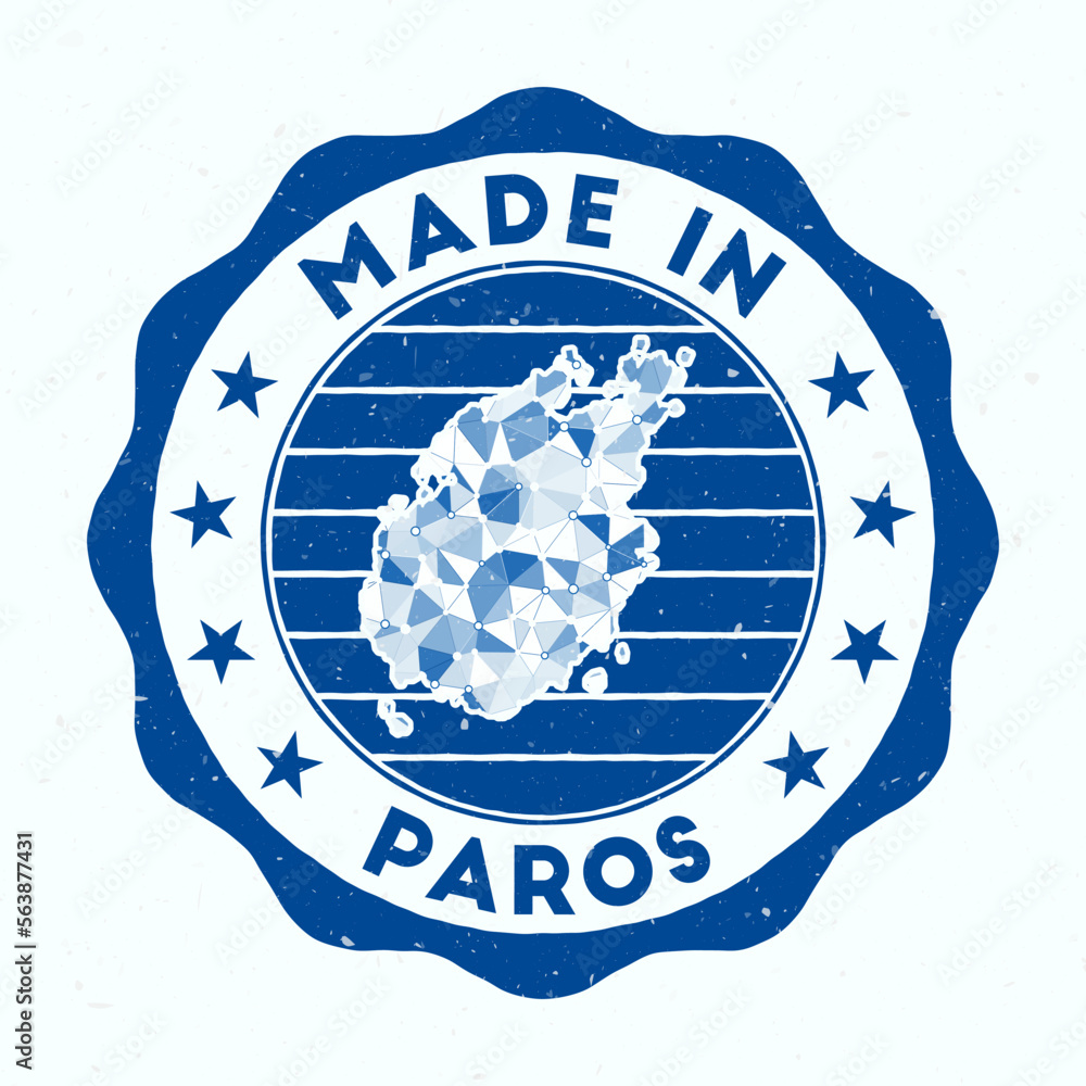 Wall mural made in paros. island round stamp. seal of paros with border shape. vintage badge with circular text