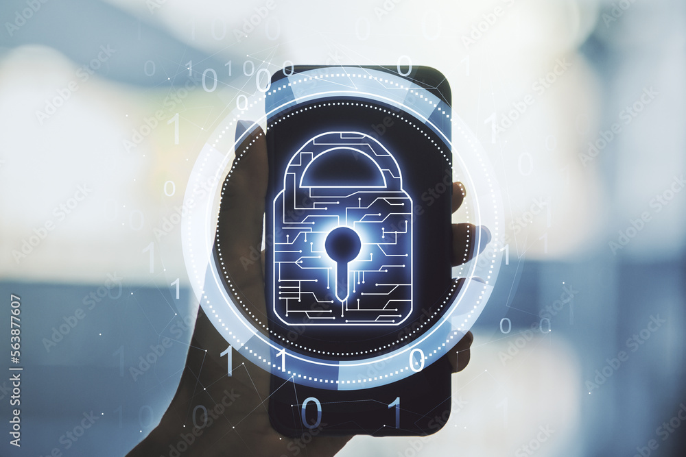 Poster double exposure of creative lock hologram with chip and hand with cell phone on background. informat