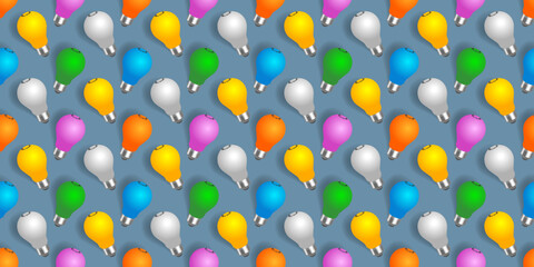 Vector seamless pattern. Repeating colored 3d incandescent light bulbs with shadows, staggered and tilted.
