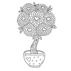 Tree with hearts in a cup. Coloring page. Black contour isolated.