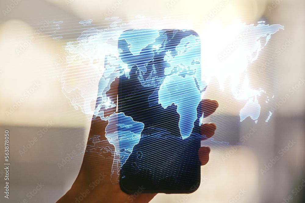 Poster multi exposure of abstract graphic world map and hand with mobile phone on background, big data and 