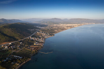 Aerial view at sunset in Seferihisar Doğanbey, a decent holiday town. Izmir Turkey