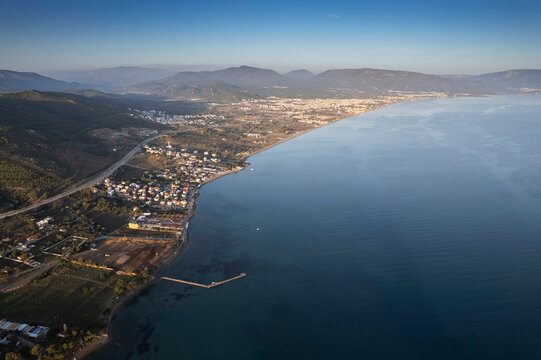 Aerial view at sunset in Seferihisar Doğanbey, a decent holiday town. Izmir Turkey