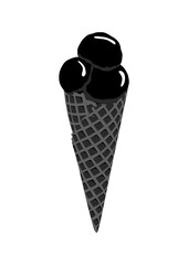 Black ice cream icon vector illustration. Isolated on white background. Sweet and cold dessert. Three scoops of ice cream. Waffle.