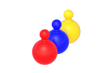 Row of dolls isolated on white background. Educational logic toys. Montessori games. 3d render