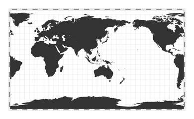 Vector world map. Patterson cylindrical projection. Plain world geographical map with latitude and longitude lines. Centered to 120deg W longitude. Vector illustration.