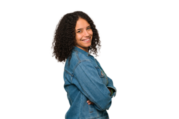 Young african american curly woman isolated who feels confident, crossing arms with determination.