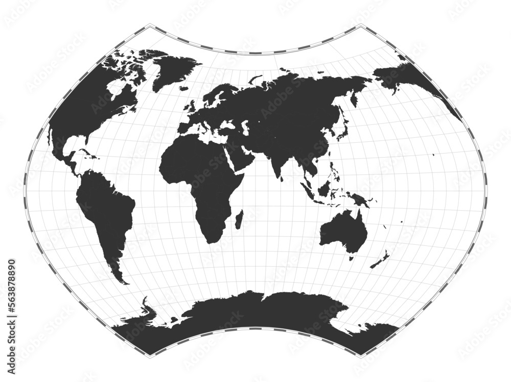 Poster vector world map in ginzburg ix projection. plain geographical map with latitude and longitude lines