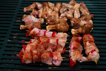 juicy meat skewers are fried on the grill, nature, the concept of outdoor recreation, hanging out with friends