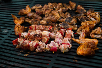 juicy meat skewers are fried on the grill, nature, the concept of outdoor recreation, hanging out with friends