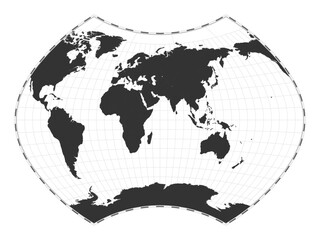 Vector world map. Ginzburg IX projection. Plain world geographical map with latitude and longitude lines. Centered to 60deg W longitude. Vector illustration.