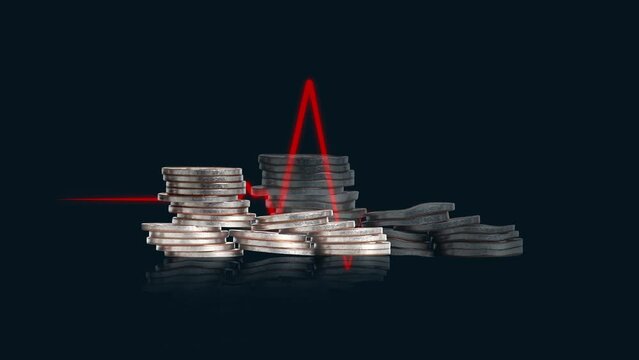 Pile of coins and a heartbeat graph. Recurring economic depression and growth.
