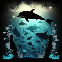 Dolphins in the sea. Sillhouette of animals in deep ocean illustration. Generative AI. 