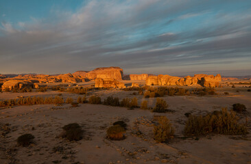 Aerial views of geological formations near Mada'in Saleh (Hegra) ancient archeological site, Al Ula, north west Saudi Arabia