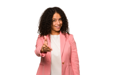 Young african american curly woman isolated stretching hand at camera in greeting gesture.