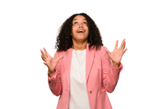 Young african american curly woman isolated screaming to the sky, looking up, frustrated.