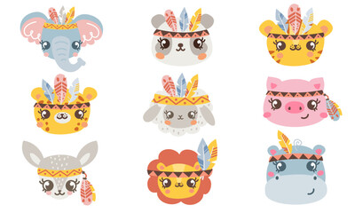 Vector set of muzzles of cute animals. Tiger lion leopard elephant antelope deer hippo pig sheep panda deer. Cute animal faces in feather veins. Indians animals. Cute animal faces on white background 