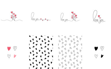 Set of 8 happy Valentine's Day set of simple cards, banners or backgrounds with heart frame and pattern in modern flat style for decor, greetings, packaging, print. PNG image