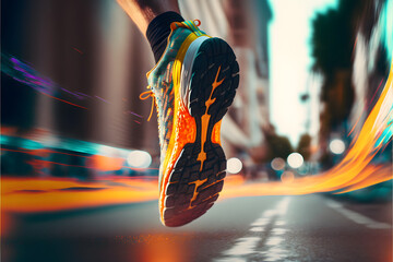 Runner in running shoes in a city on concrete after rainfall, generative ai - obrazy, fototapety, plakaty