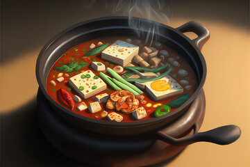 illustration of close up Soondubu Jjigae or tofu soup