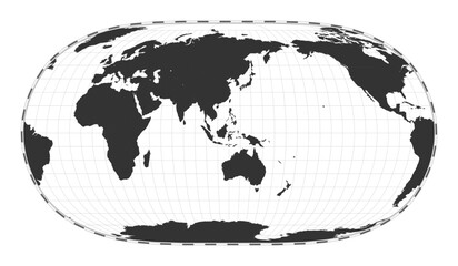Vector world map. Natural Earth II projection. Plain world geographical map with latitude and longitude lines. Centered to 120deg W longitude. Vector illustration.