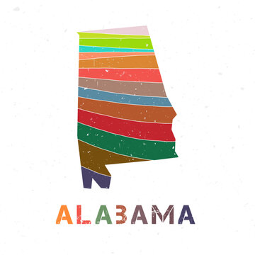 Alabama map design. Shape of the us state with beautiful geometric waves and grunge texture. Astonishing vector illustration.