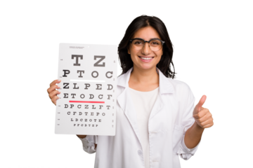Young indian oculist woman holding an eye chart paper cut out isolated smiling and raising thumb up