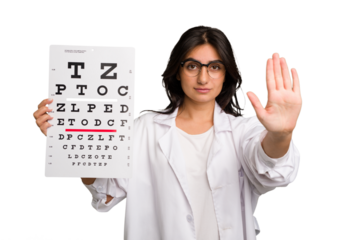 Young indian oculist woman holding an eye chart paper cut out isolated standing with outstretched hand showing stop sign, preventing you.