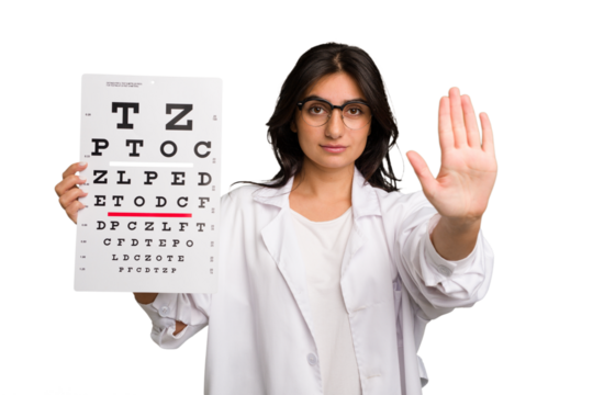 Young indian oculist woman holding an eye chart paper cut out isolated standing with outstretched hand showing stop sign, preventing you.