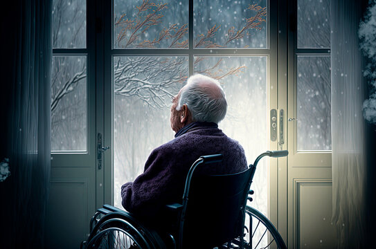 lonely and sad elderly person in a wheelchair in a nursing home looking out the window, generative ai