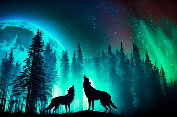 couple of wolves howling at the full moon at night with northern lights, generative ai