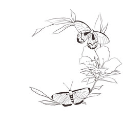 Line art floral wreath with moths, butterflies and flowers