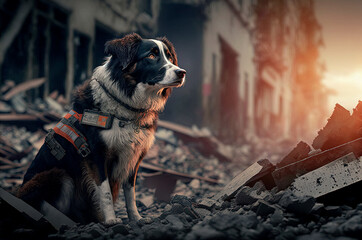 disaster rescue border collie dog searching rubble, generative ai - obrazy, fototapety, plakaty