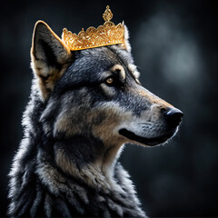 Naklejka na ściany i meble photo of a Wolf with a crown on its head looking at something in the distance with a dark background and a light shining on it - Generative AI