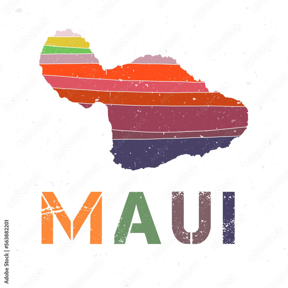 Poster maui map design. shape of the island with beautiful geometric waves and grunge texture. neat vector 
