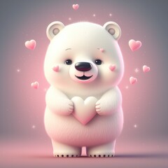 White teddy bear holding a white heart. Valentine day card. Romance and love concept. Generative ai. 