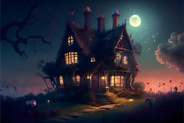 Fototapeta na wymiar Haunted house in the woods in dark medieval world, generative ai