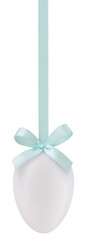 happy Easter decoration egg with shiny ribbon bow in pastel light blue color, hanging on transparent background. Template for label, gift greeting card, promotional banner or ticket price