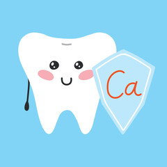 Cute tooth with calcium in kawaii style. Tooth character. Vector illustration. Flat cartoon style.