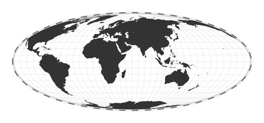 Vector world map in Bromley projection. Plain geographical map with latitude and longitude lines, centered at 60 degrees West longitude.