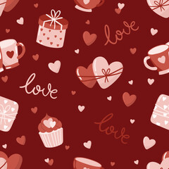 Valentine s day. love concept cute vector illustration seamless pattern with hearts, love, flowers, envelope, arrows, cup of coffee and cupcakes.