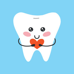 Cute tooth with heart in kawaii style. Tooth character. Vector illustration. Flat cartoon style.