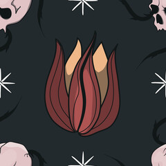 Seamless botanical pattern. Different herbs and flowers, hand-drawn. Vintage vector illustration of flowers. Colorful banner. An idea for wallpaper and textiles. Linear drawing. Rustic style.