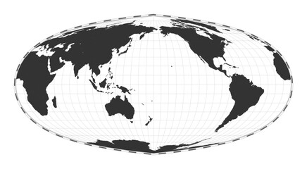 Vector world map. Foucaut's sinusoidal projection. Plain world geographical map with latitude and longitude lines. Centered to 180deg longitude. Vector illustration.