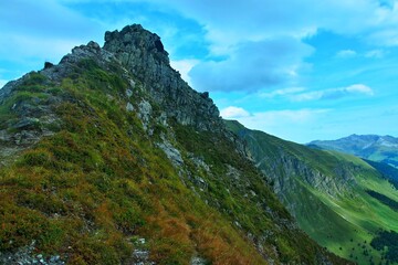 Fototapeta premium Austrian Alps - view of the peak of Pfannkopfl near the Tuxerjoch hut