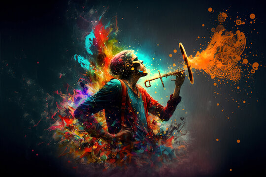 Abstract person playing instrument with vivid energy all around. Generative AI, this image is not based on any original image, character or person.
