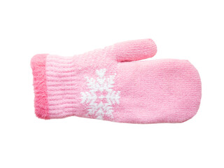 pink knitted mitten with a snowflake pattern on a white background